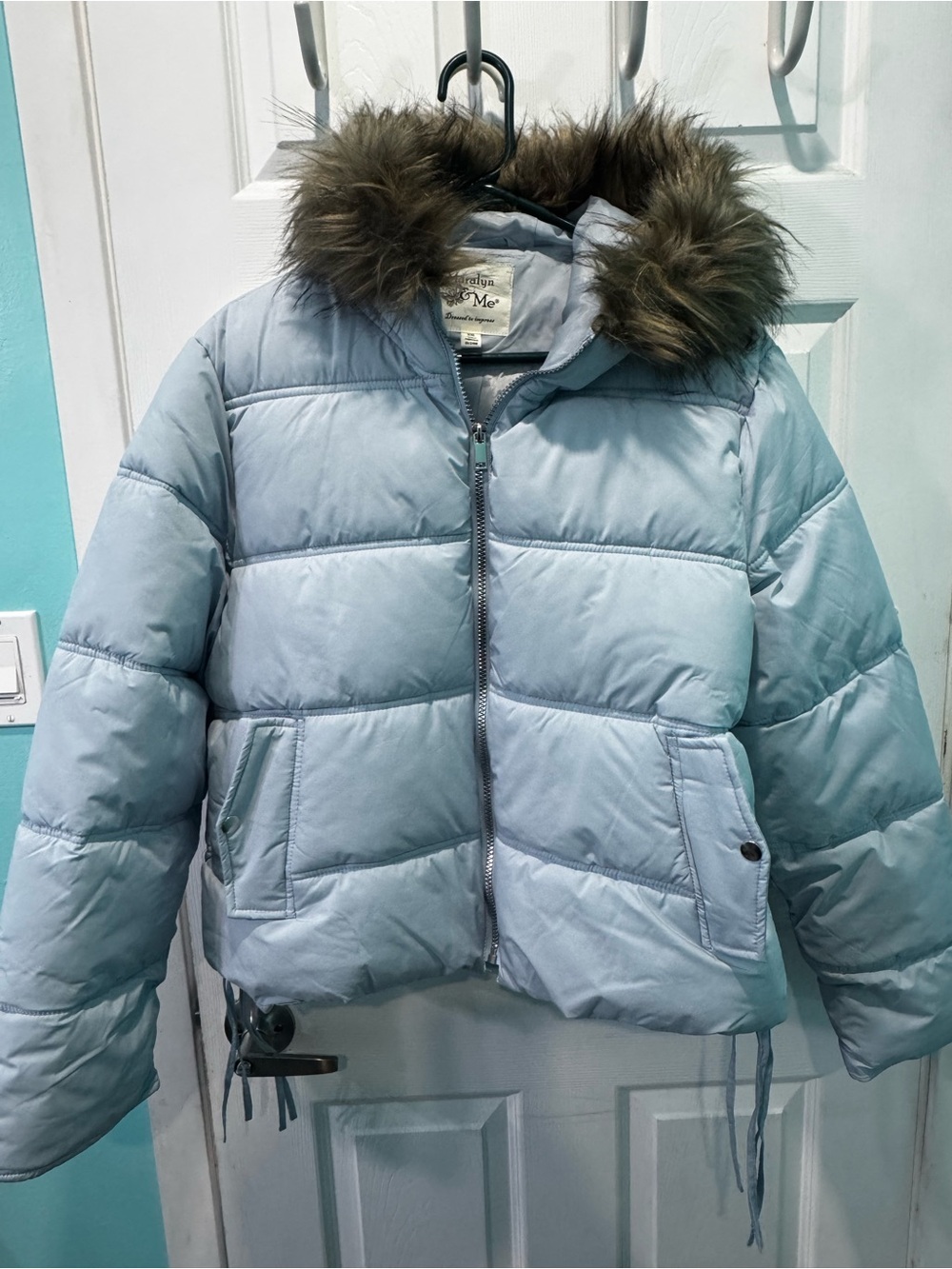 Juniors’ Light Blue Puffer Jacket with Faux Fur Hood - Brand: Truly Me